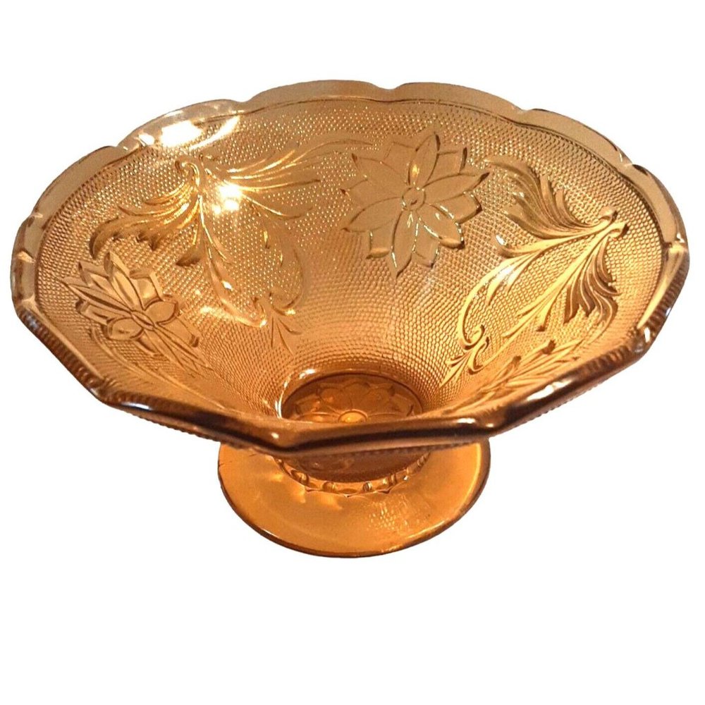 Amber  Gold Glass Tiara Indiana Pressed Compote Pedestal Candy Nut Dish